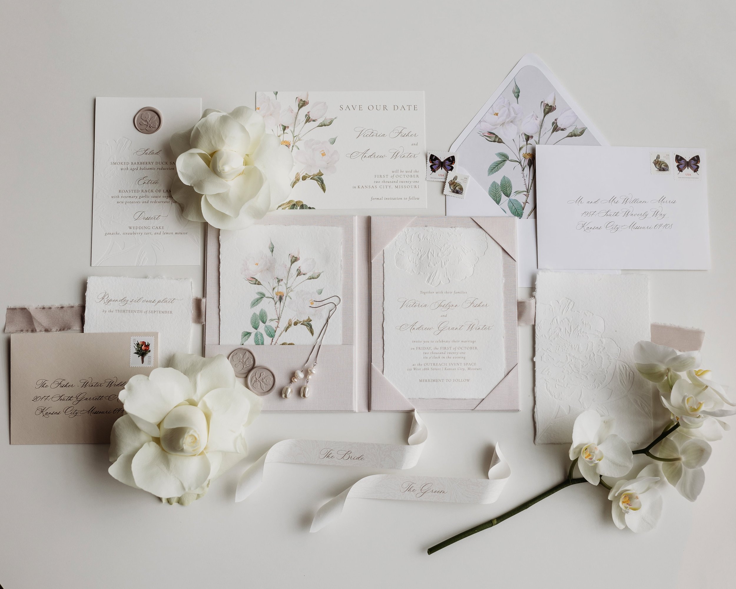 full elegant invitation suite for an Outreach Event Space wedding inspiration shoot