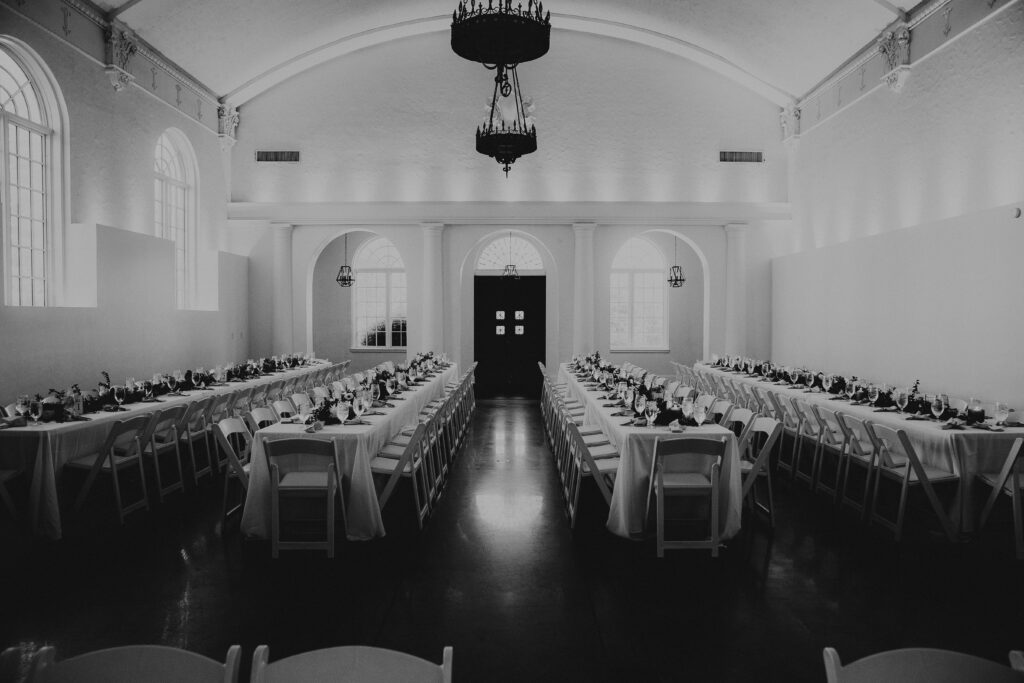 Black and white photo of a La Villa KC wedding reception in Kansas City