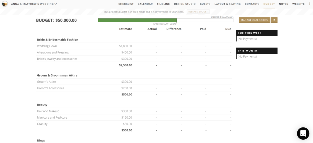 Screenshot of the budget portion of the wedding planning software, Aisle Planner