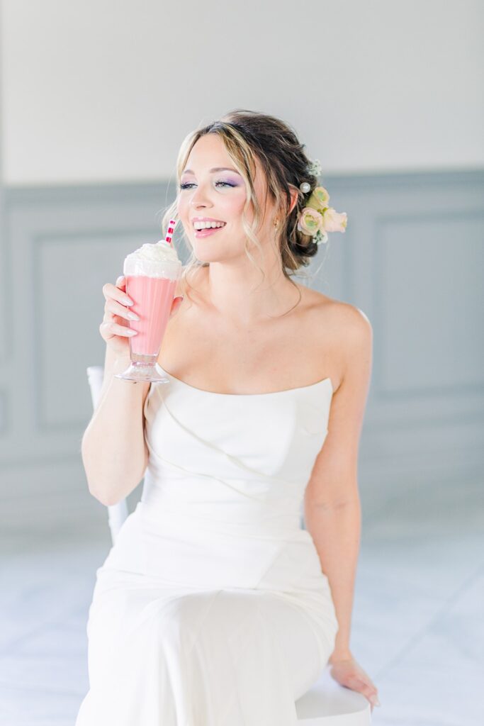bride with strawberry smoothie at 1890 event space