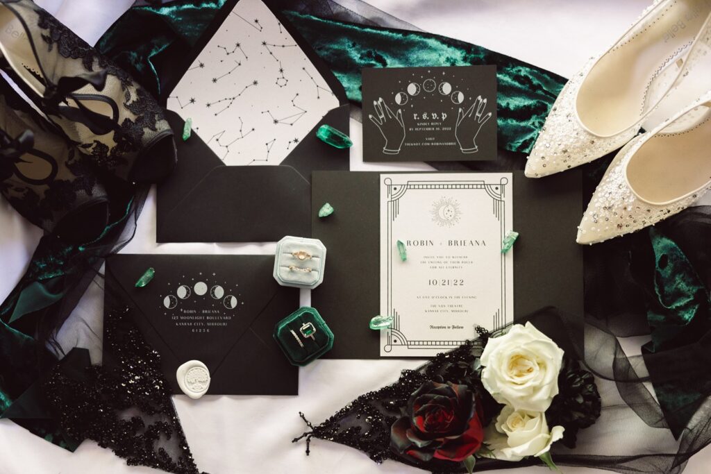 black and white, witchy wedding invitation suite flatlay