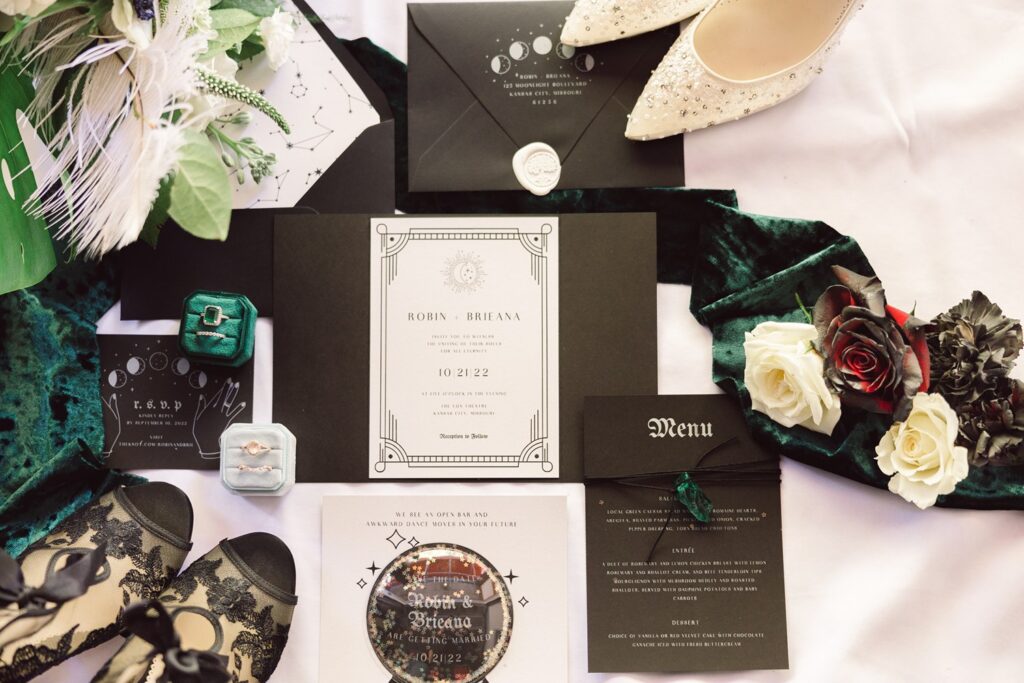 black and white, witchy wedding invitation suite flatlay