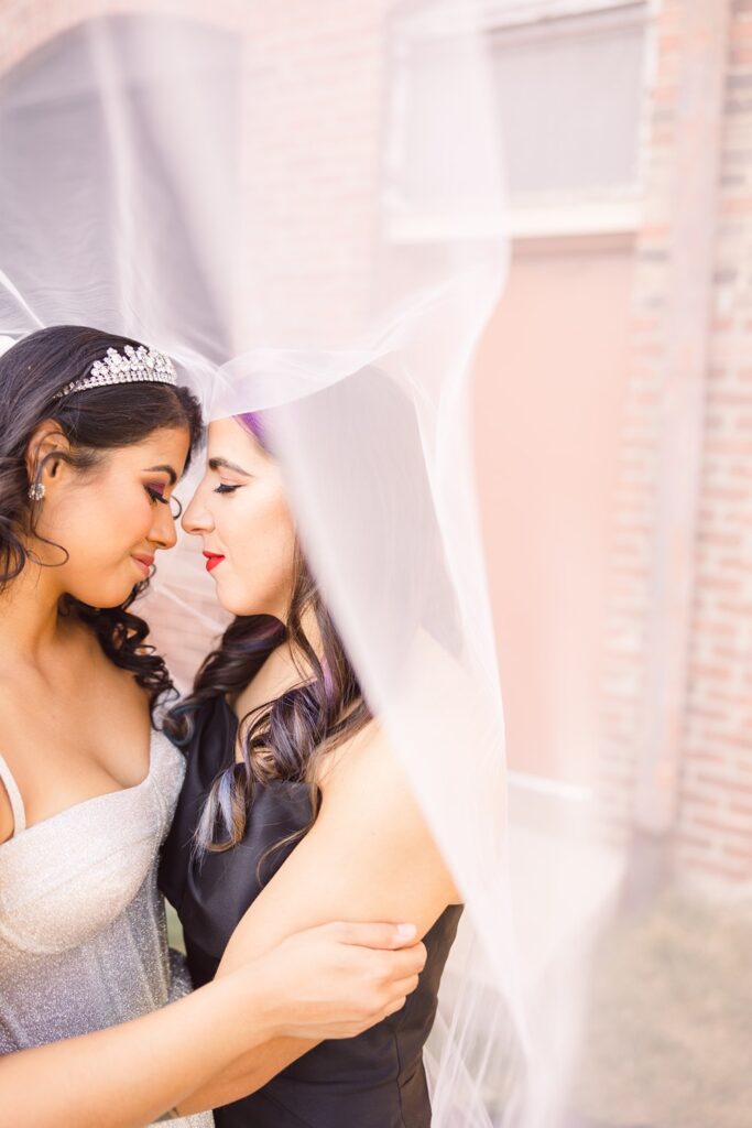 veil photo with two brides- one in white and one in black