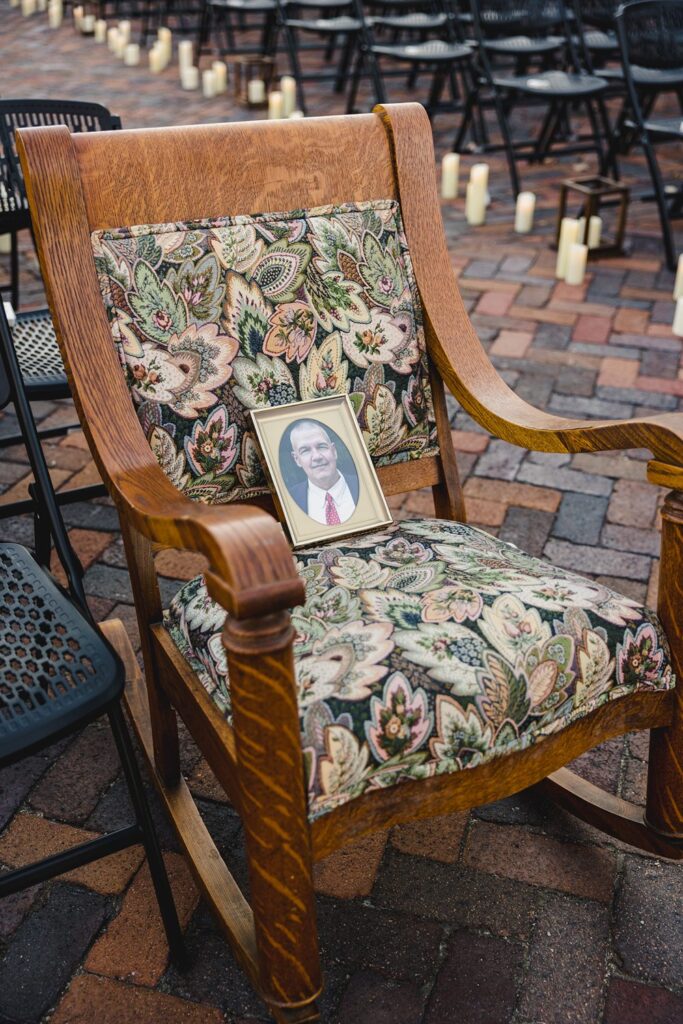 rocking chair in memory of the father of the bride at Thompson Barn wedding