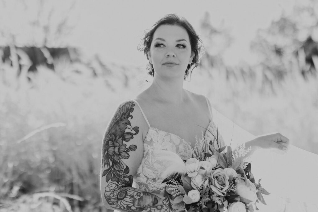 black and white bridal portrait at Thompson Barn wedding