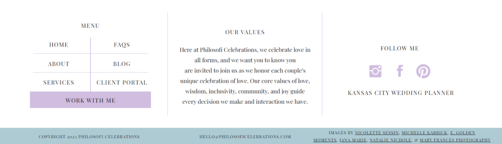 footer of the Philosofi Celebrations website, detailing that they are a LGBTQ+ affirming wedding planner