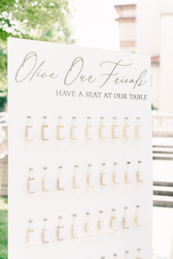 Olive Oil wedding favor seating chart