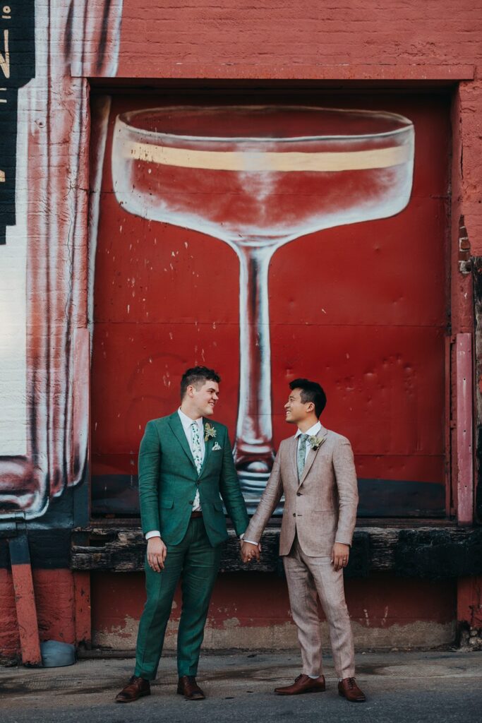 outdoor industrial wedding portraits at Tom's Town