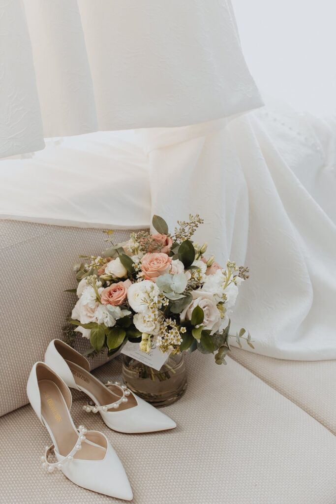 bridal bouquet and shoes at Hotel Kansas City