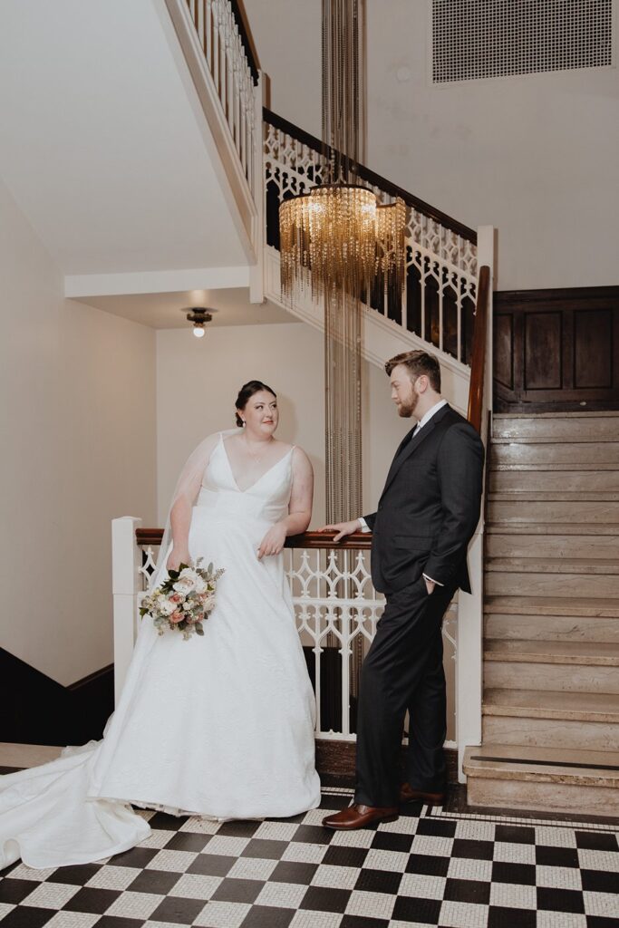 wedding photos on Hotel Kansas City staircase