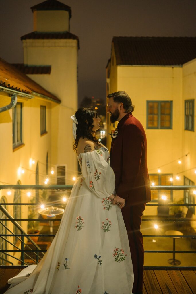 bride and groom on the la villa patio