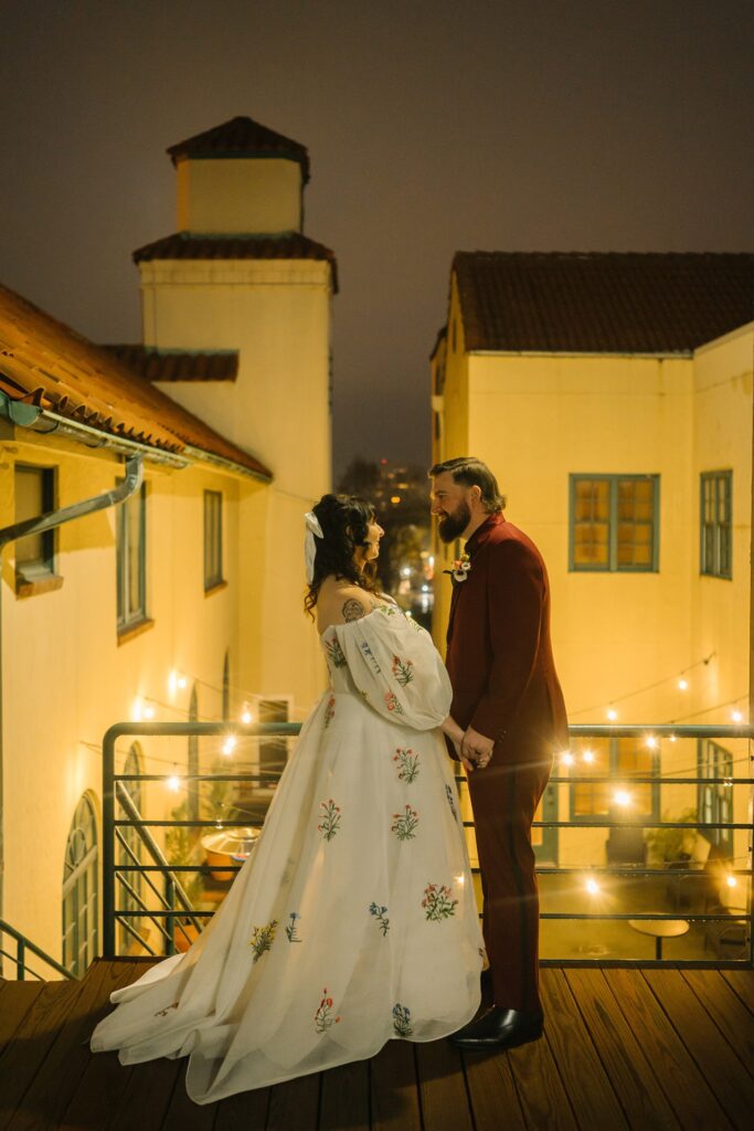 bride and groom on the la villa patio
