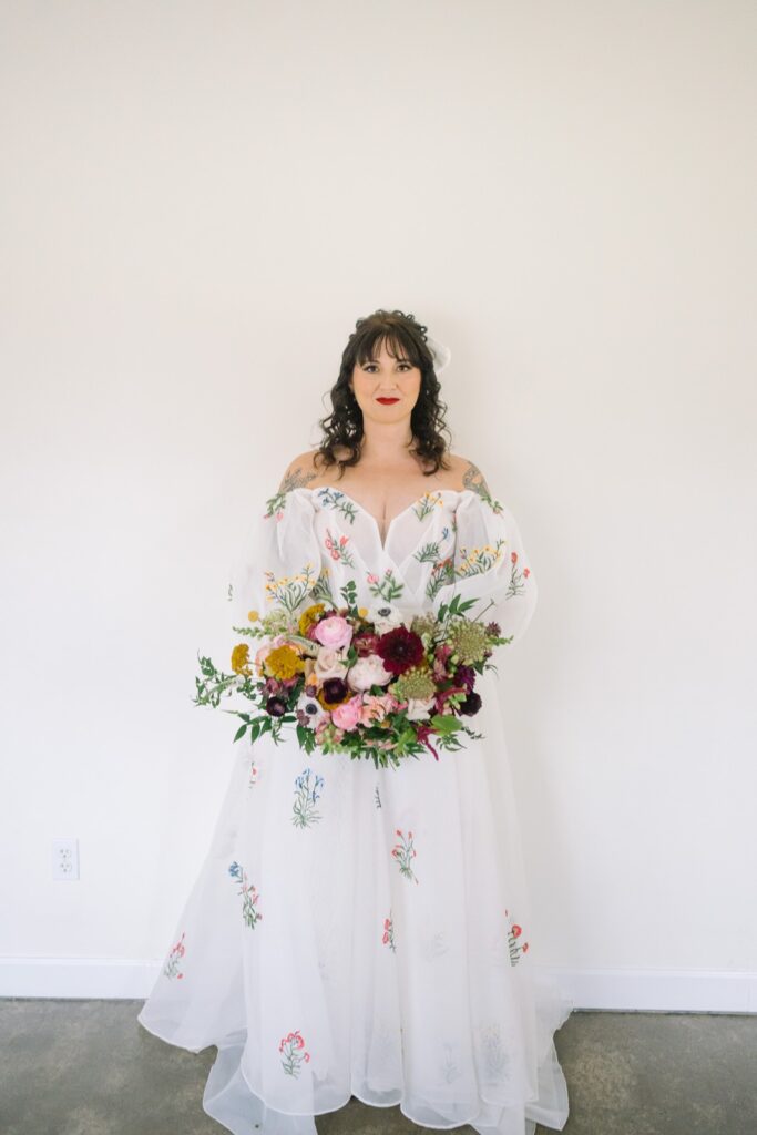 colorful, floral embroidered wedding gown