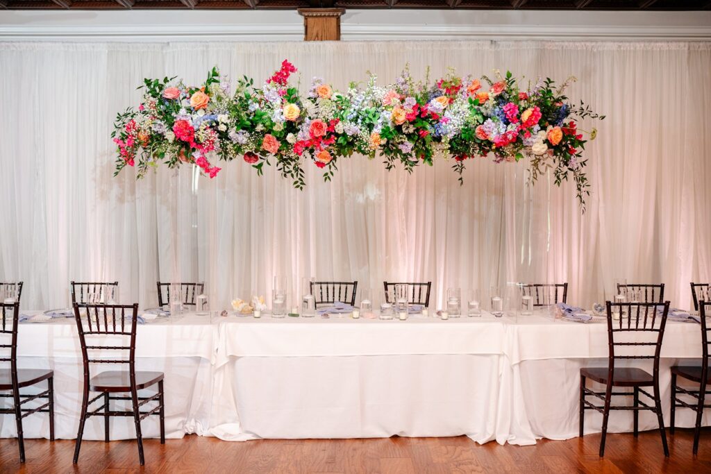 floating floral centerpiece at pavilion event space