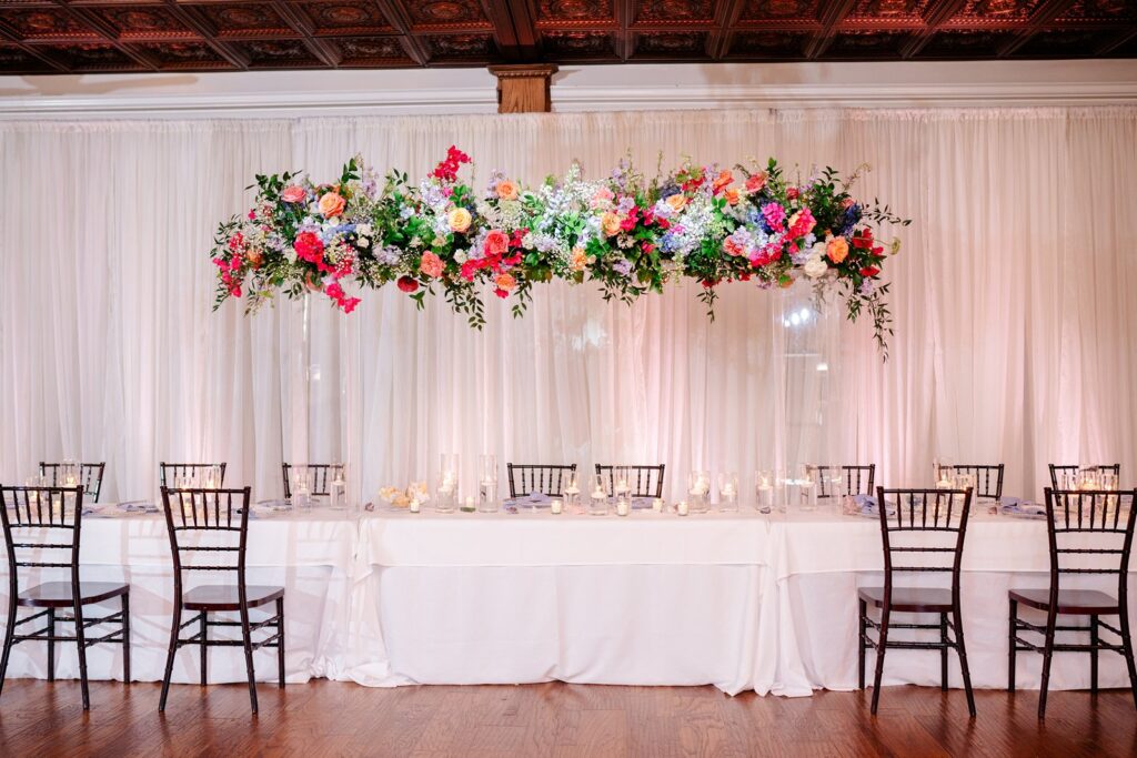 floating floral centerpiece at pavilion event space