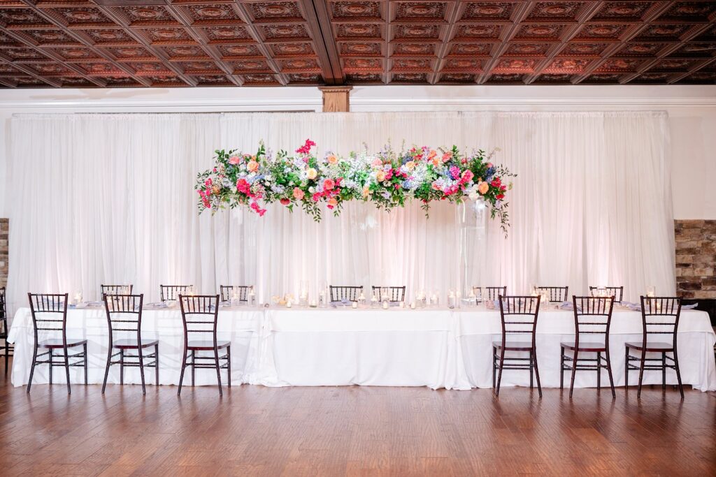 floating floral centerpiece at pavilion event space