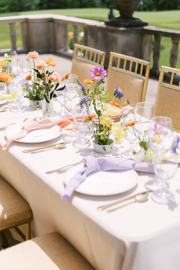 wedding reception table setup at Oakwood Country Club patio