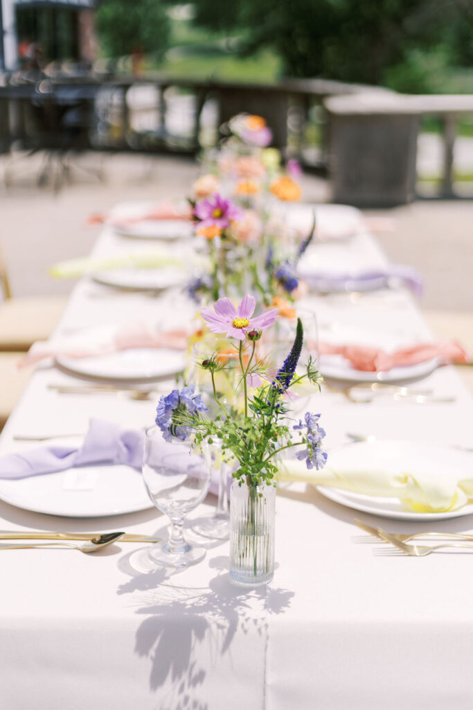 wedding reception table setup at Oakwood Country Club patio