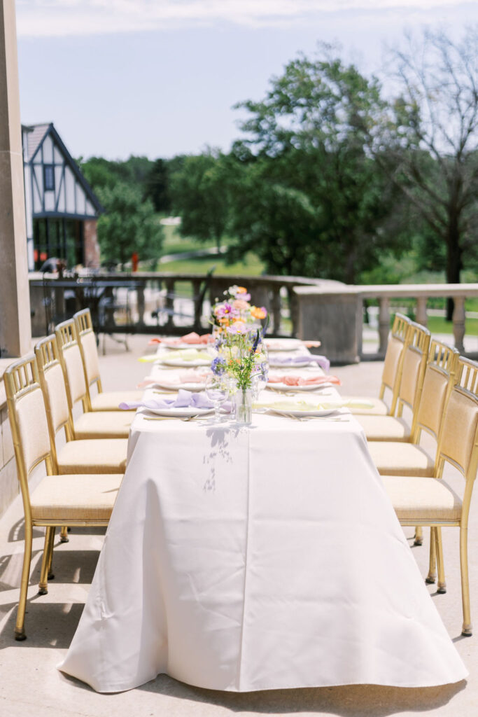 wedding reception table setup at Oakwood Country Club patio