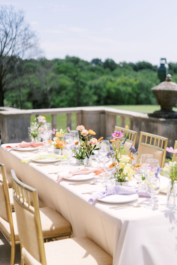 wedding reception table setup at Oakwood Country Club patio