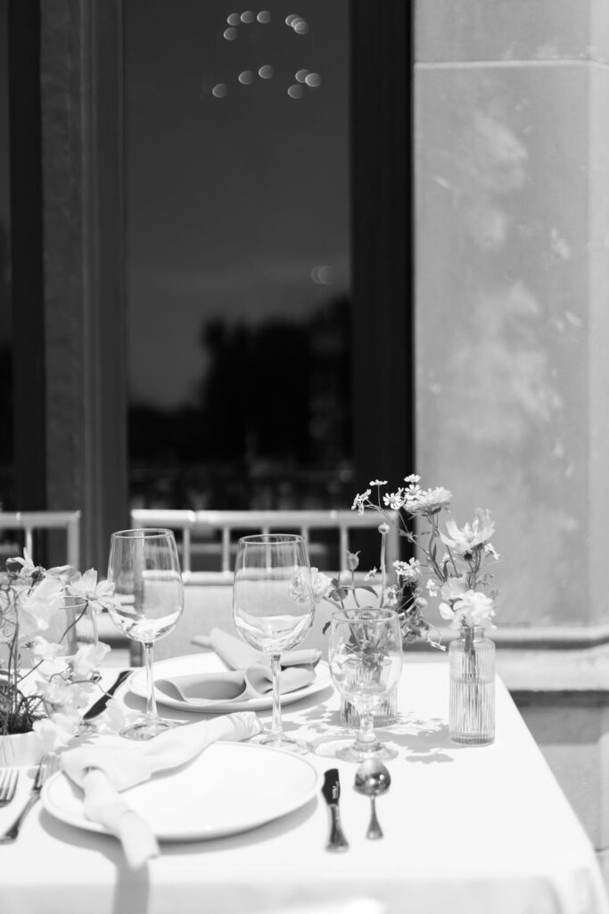 wedding reception table setup at Oakwood Country Club