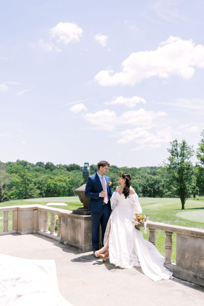 couple on the patio at Oakwood Country Club wedding