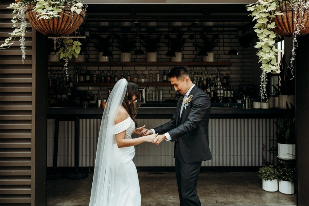 wedding first look at Percheron, Crossroads Hotel