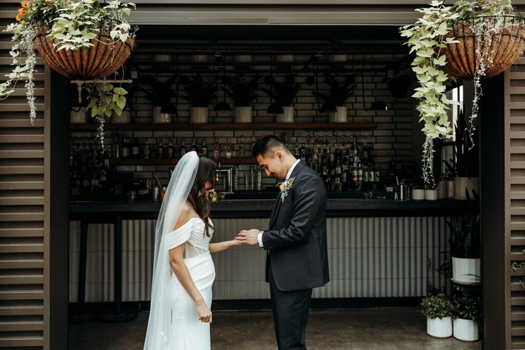 wedding first look at Percheron, Crossroads Hotel