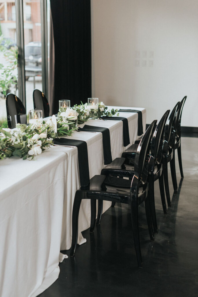 modern Kansas City wedding reception head table at The Maverick