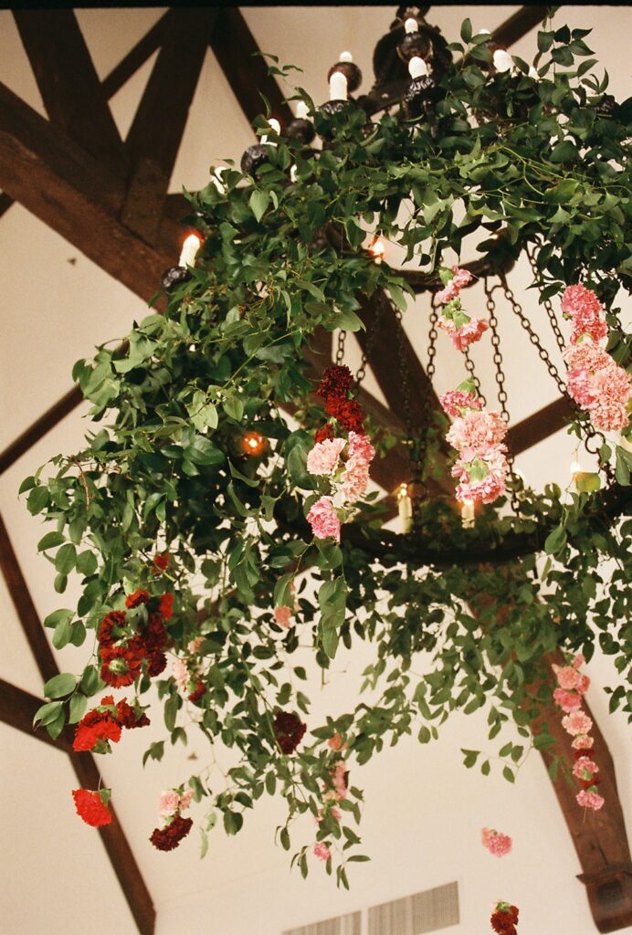 Oakwood Country Club chandeliers with hanging floral installation