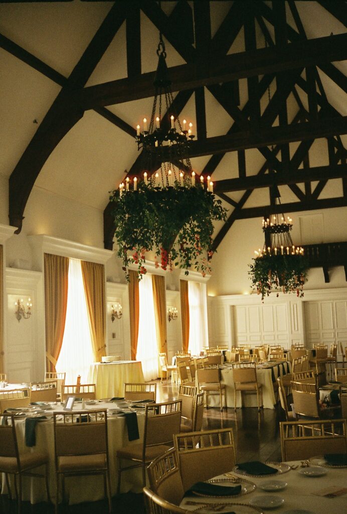 hanging florals at Oakwood Country Club wedding reception