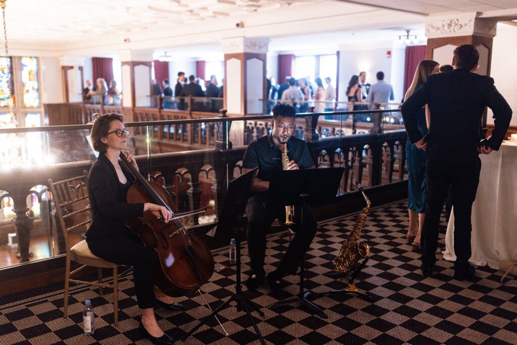 live music cocktail hour at Hotel KC- Tudor ballroom balcony
