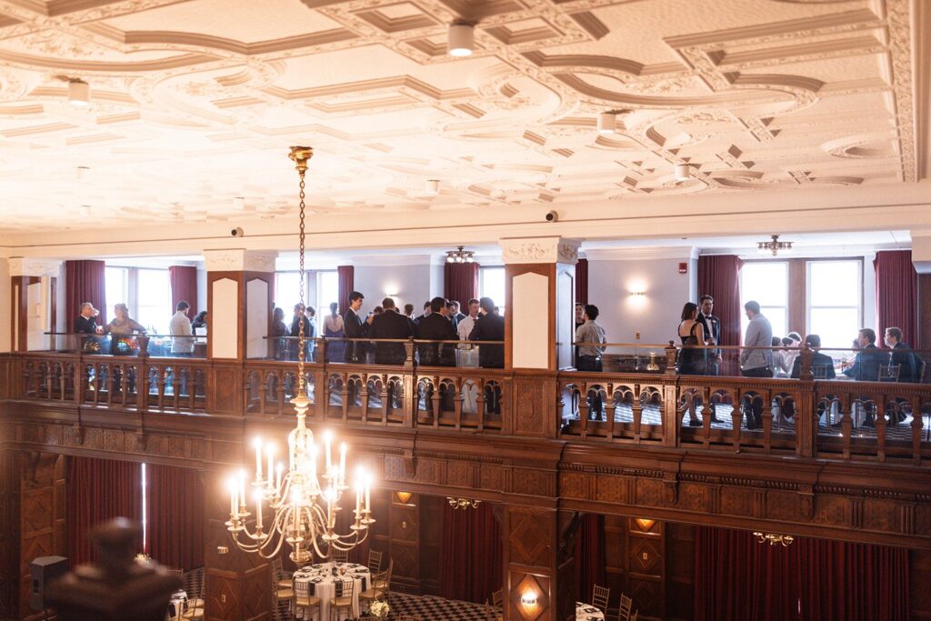 Tudor ballroom balcony cocktail hour at Hotel KC