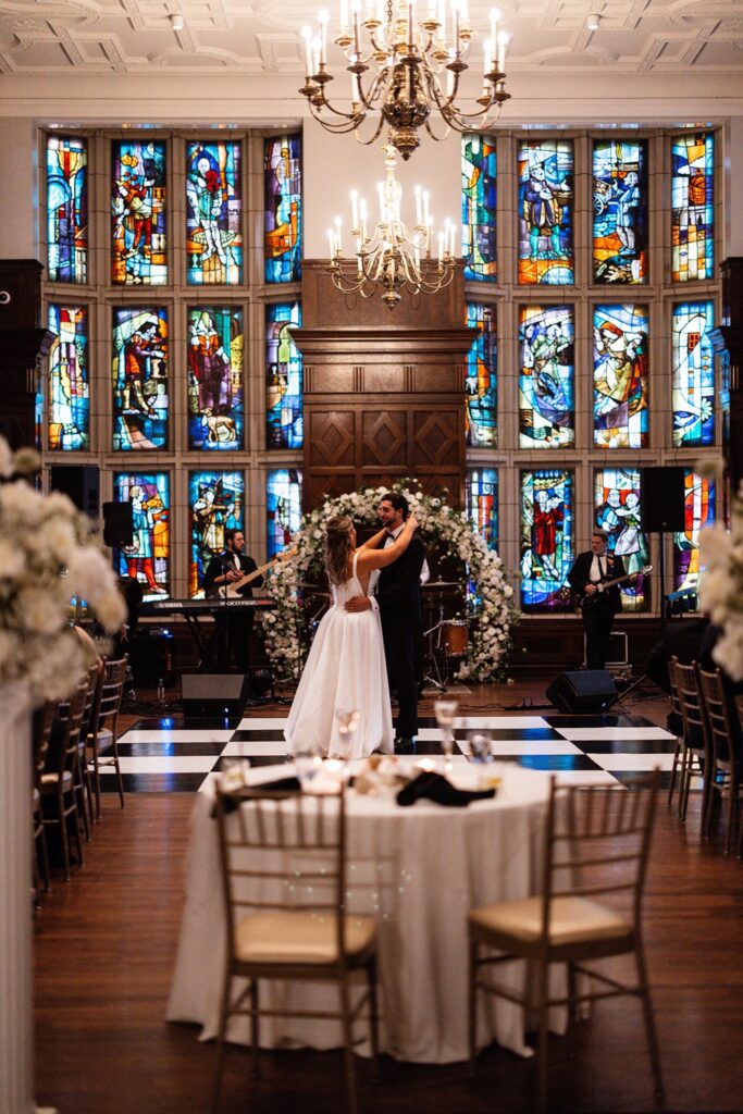 first dance on black & white dance floor at Hotel KC- Tudor ballroom