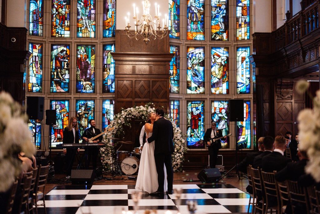first dance on black & white dance floor at Hotel KC- Tudor ballroom