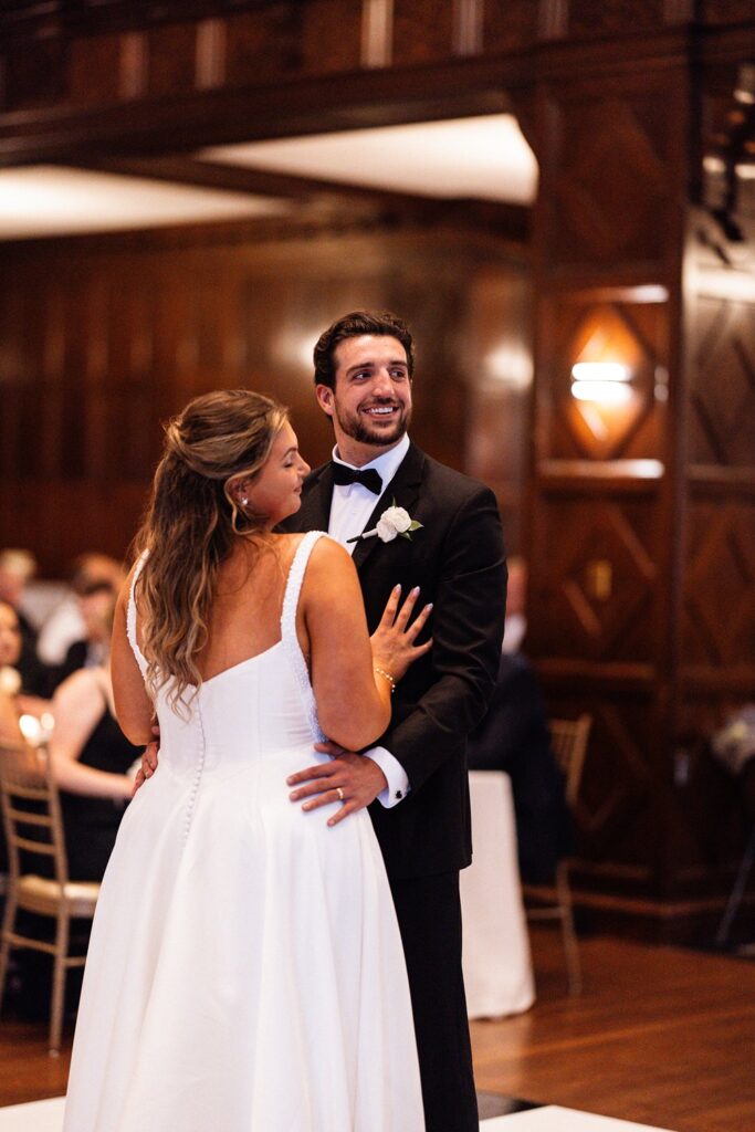 first dance on black & white dance floor at Hotel KC- Tudor ballroom