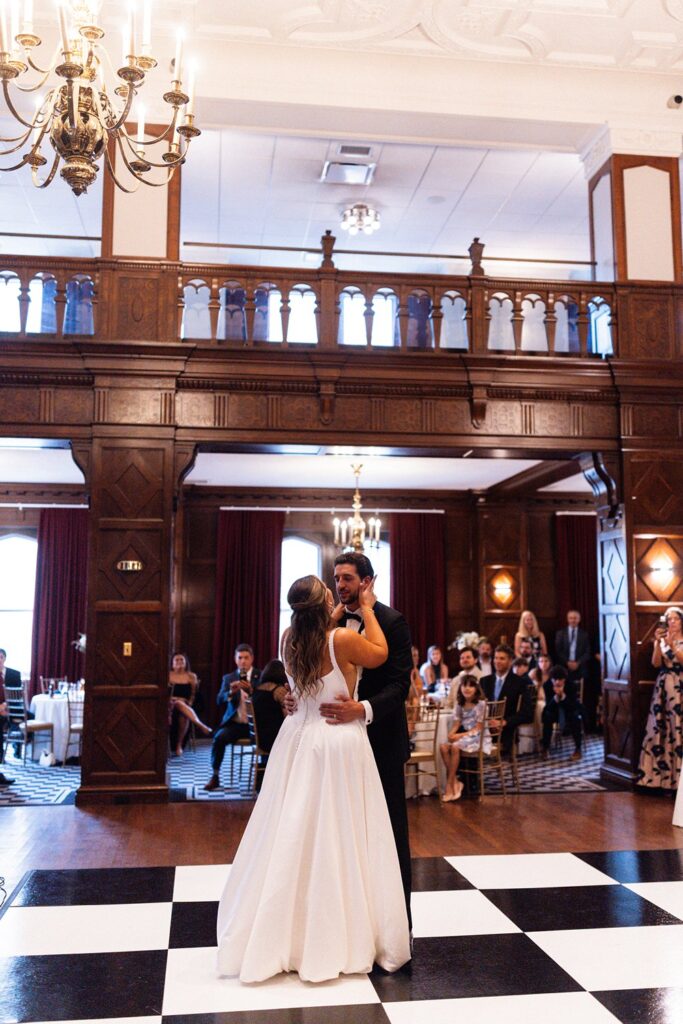 first dance on black & white dance floor at Hotel KC- Tudor ballroom