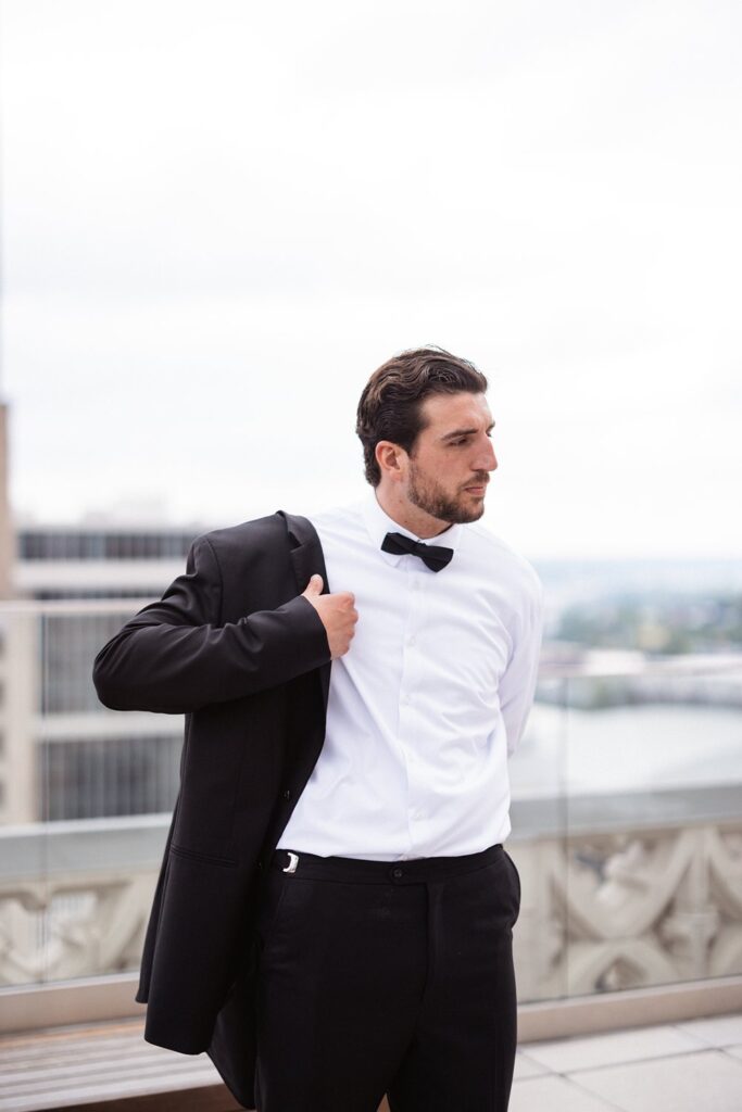 grooms portraits on Hotel KC rooftop