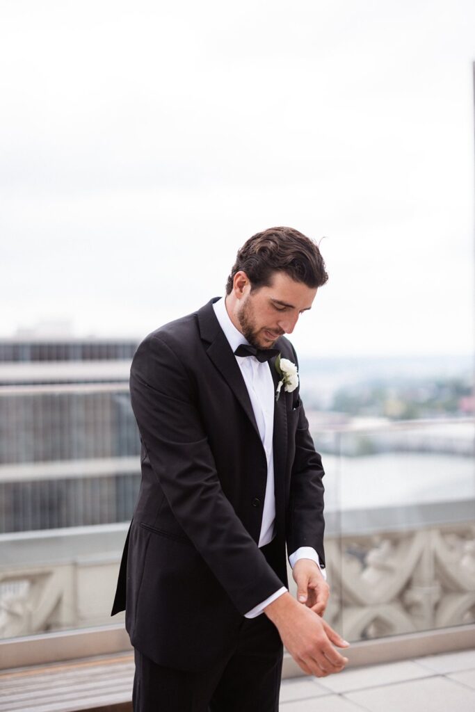 grooms portraits on Hotel KC rooftop