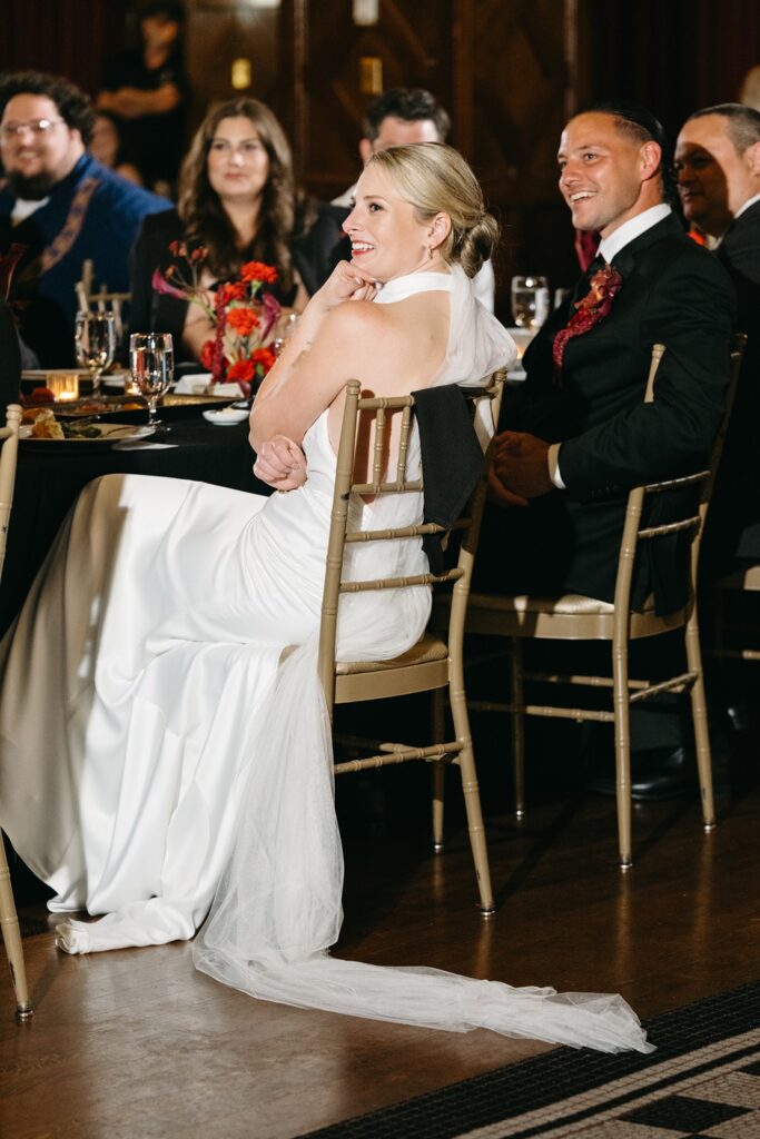 toasts and speeches in the Tudor Ballroom at Hotel Kansas City wedding