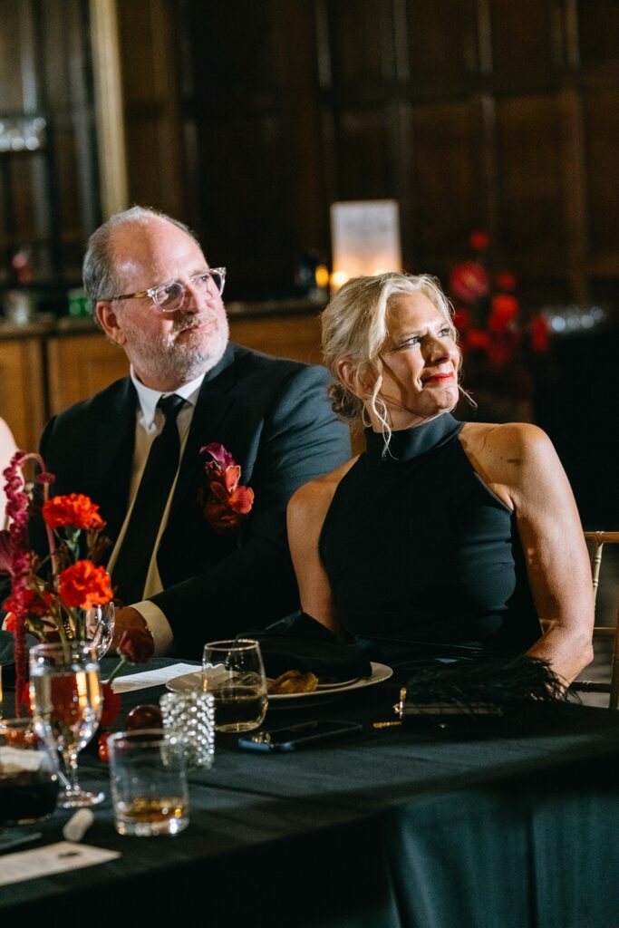 parents of the bride during toasts and speeches in the Tudor Ballroom at Hotel Kansas City wedding