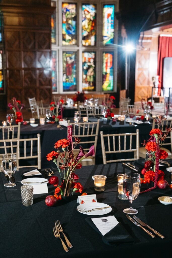 Hotel Kansas City wedding reception - all-red floral and fruit centerpieces