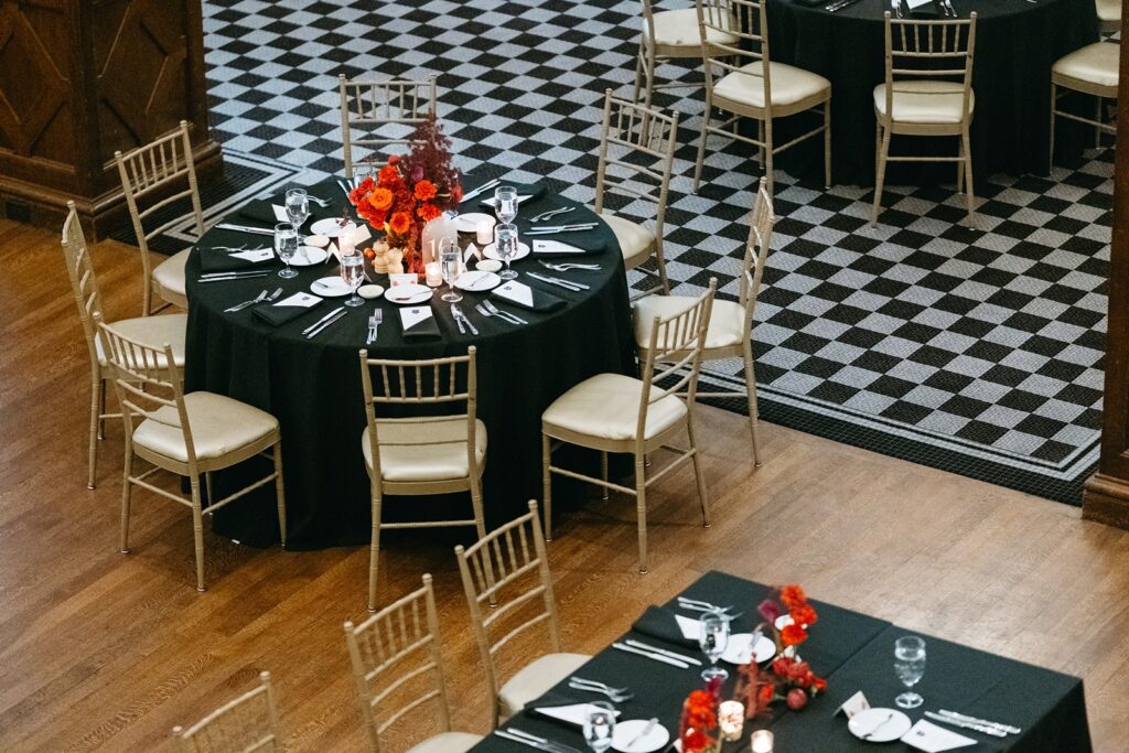 red wedding centerpieces at  Hotel Kansas City's Tudor Ballroom