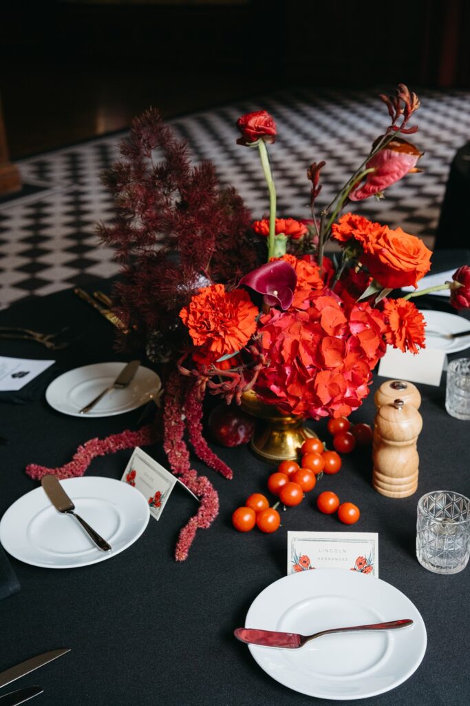 red wedding centerpieces at  Hotel Kansas City's Tudor Ballroom