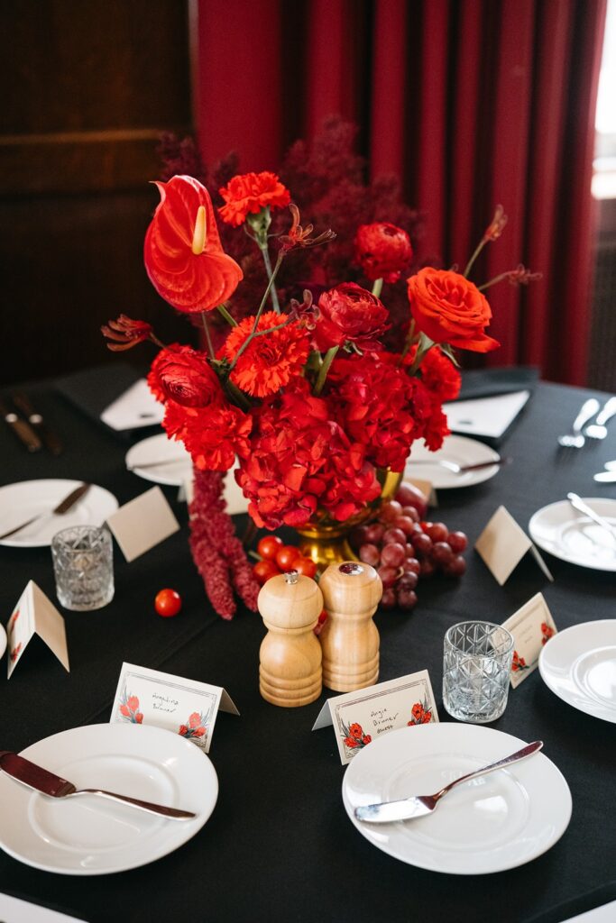 red wedding centerpieces at  Hotel Kansas City's Tudor Ballroom