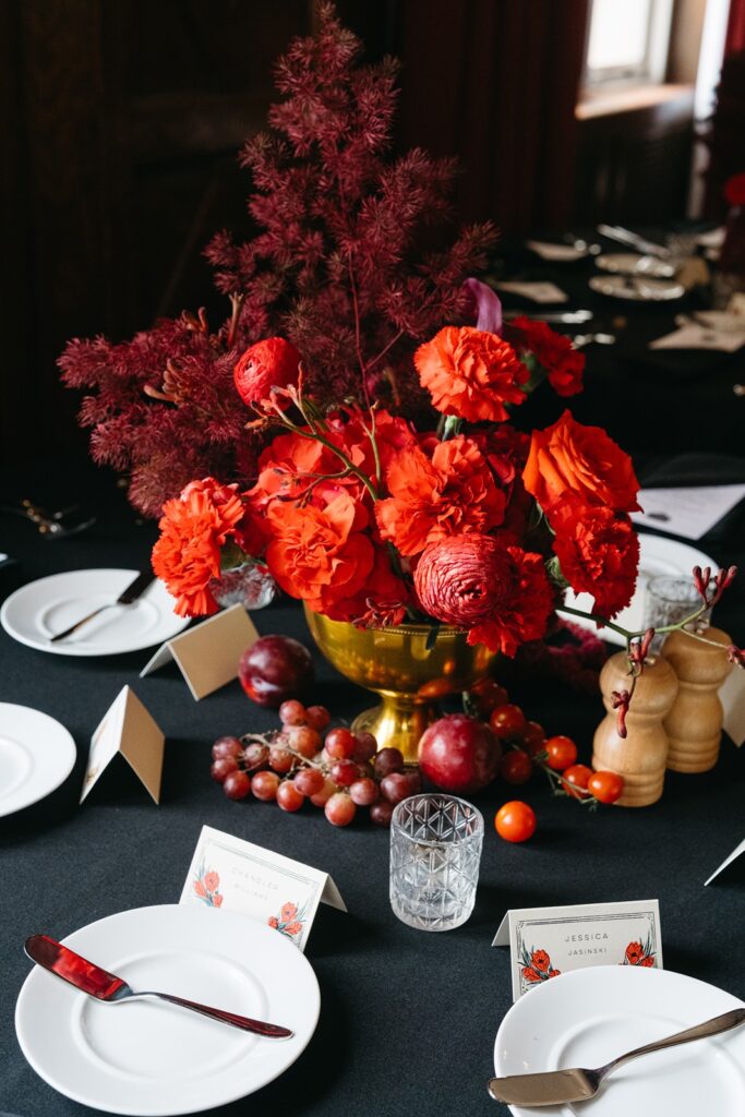 red wedding centerpieces at  Hotel Kansas City's Tudor Ballroom
