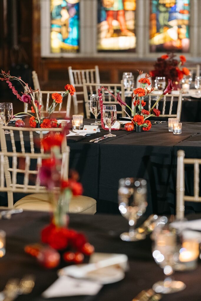 red wedding centerpieces at  Hotel Kansas City's Tudor Ballroom