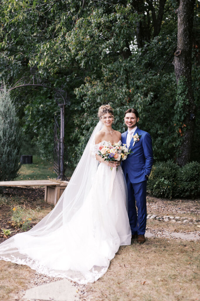 couples' portrait in the garden at countryside chalet