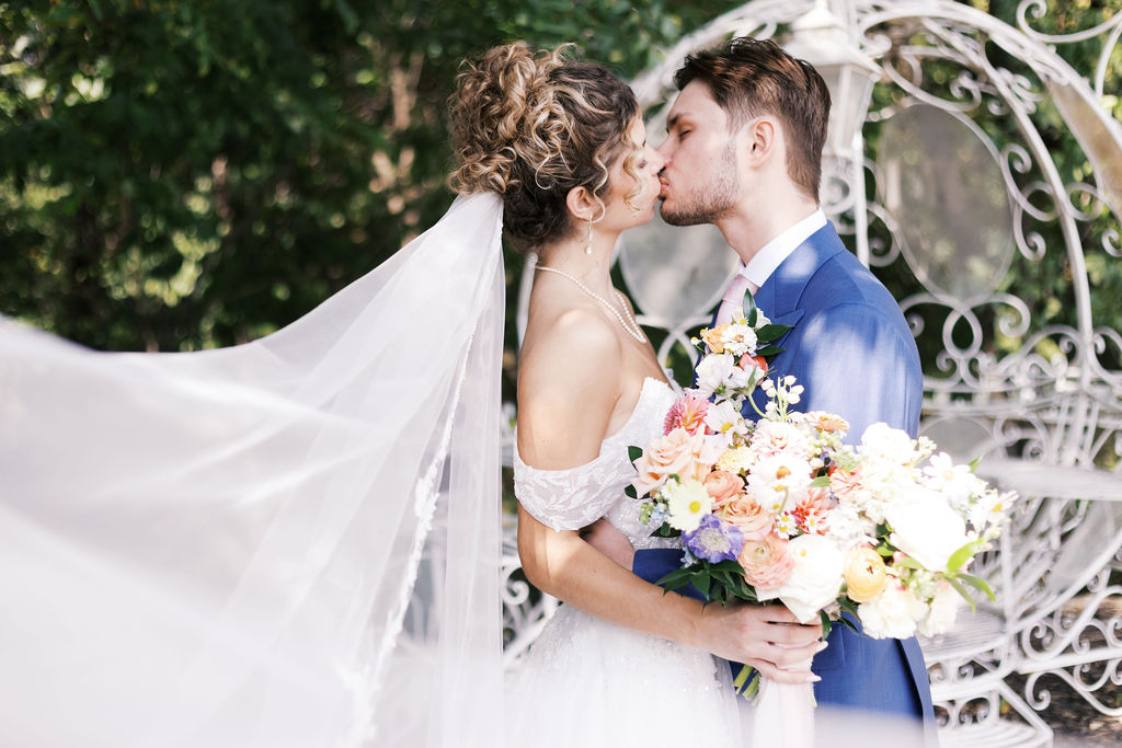 couples' portrait in the garden at countryside chalet