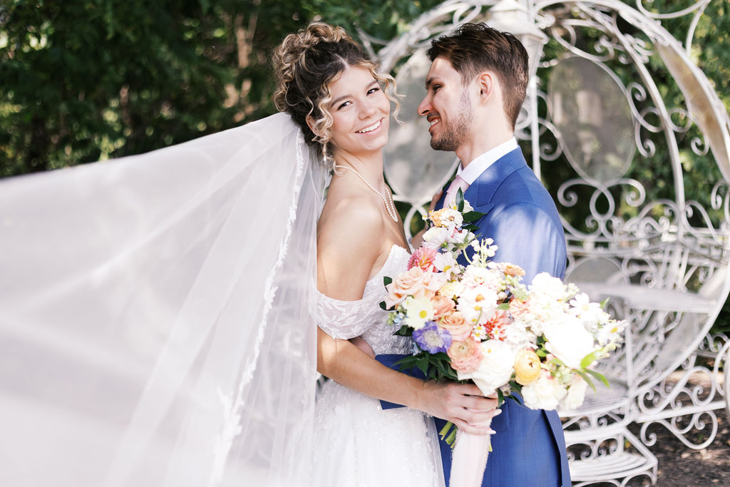 couples' portrait in the garden at countryside chalet